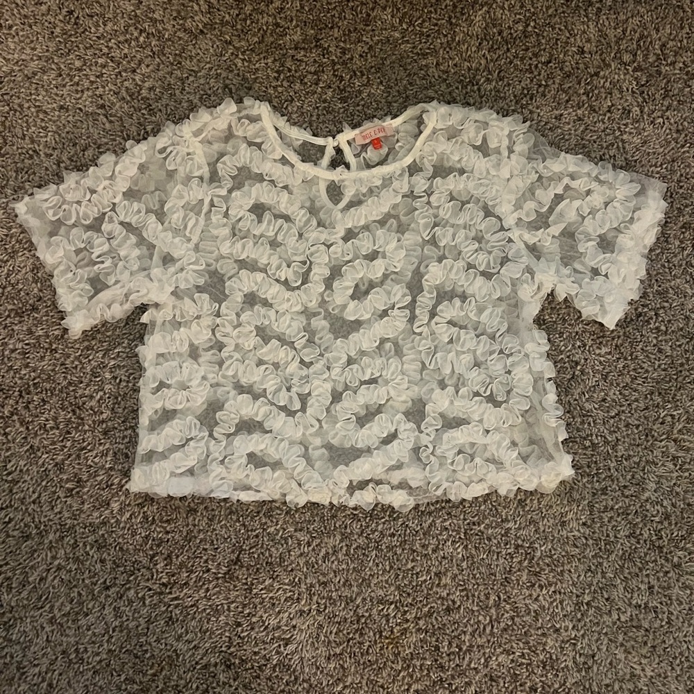 Mele e Pere White Sheer Ruffled Short Sleeve Blouse Size S